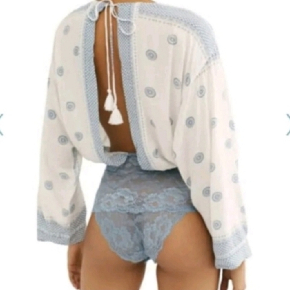 Free People Intimately On Board White& Blue Boho Body Suit Sz L